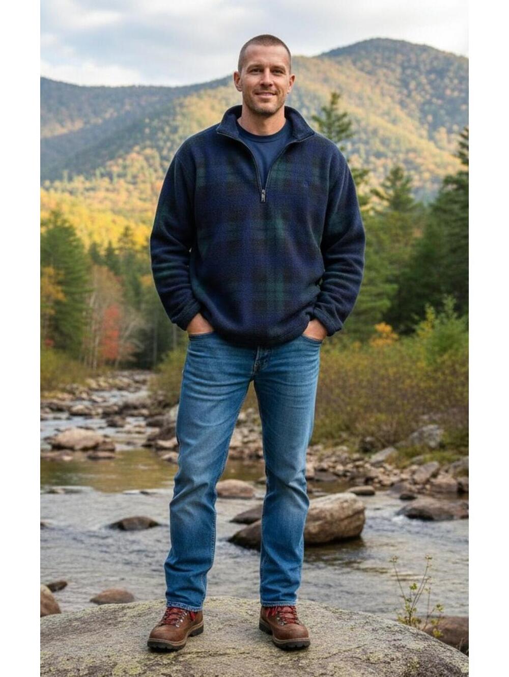 Vintage 90s Turfer Polartec QZ Fleece Pullover Men;s L (XL Fit) Plaid Navy USA